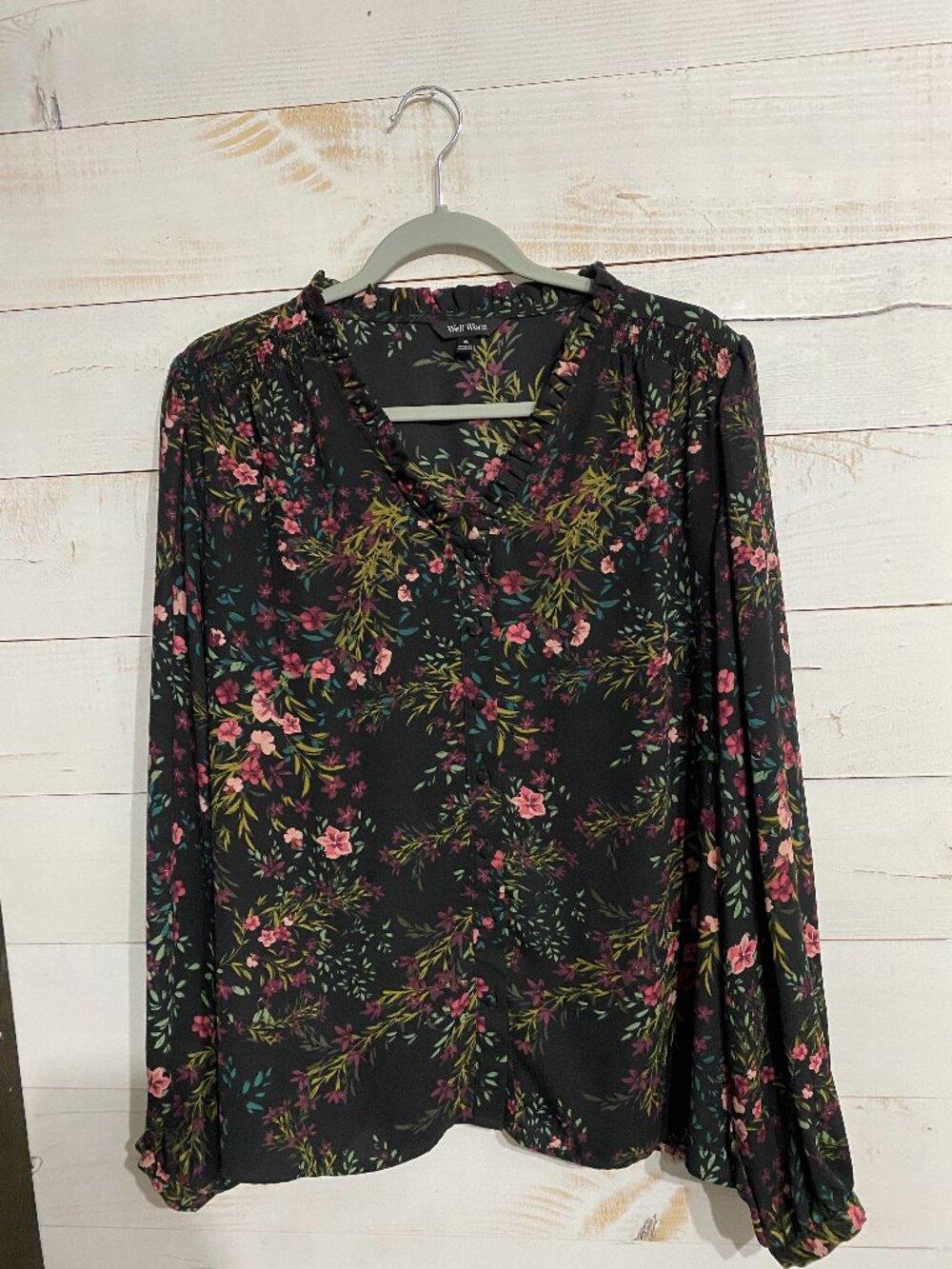 Well Worn Black Floral Ruffle Neck Long Sleeve Blouse Top Size XL